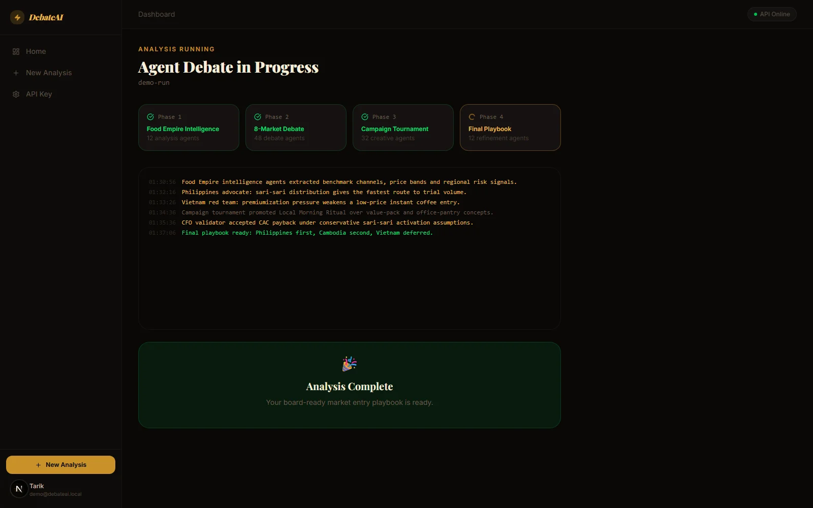 DebateAI analysis screen with phase tracker, live agent debate logs, completion state and decision audit.