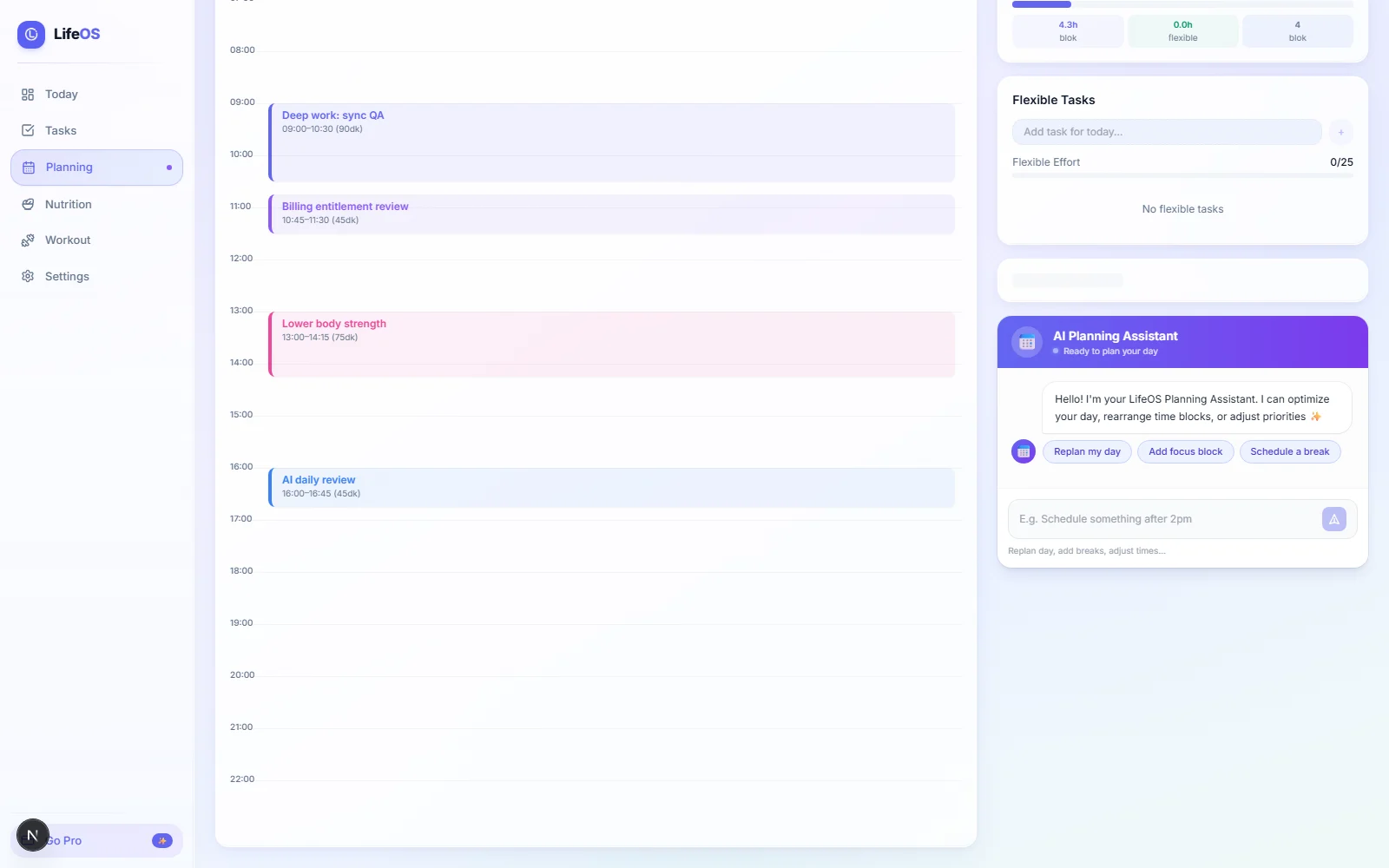 LifeOS planning screen with a daily timeline, scheduled work blocks, flexible tasks and AI planning assistant.