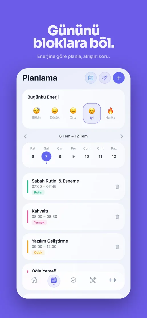 App Store screenshot: planning the day in time blocks by energy level.