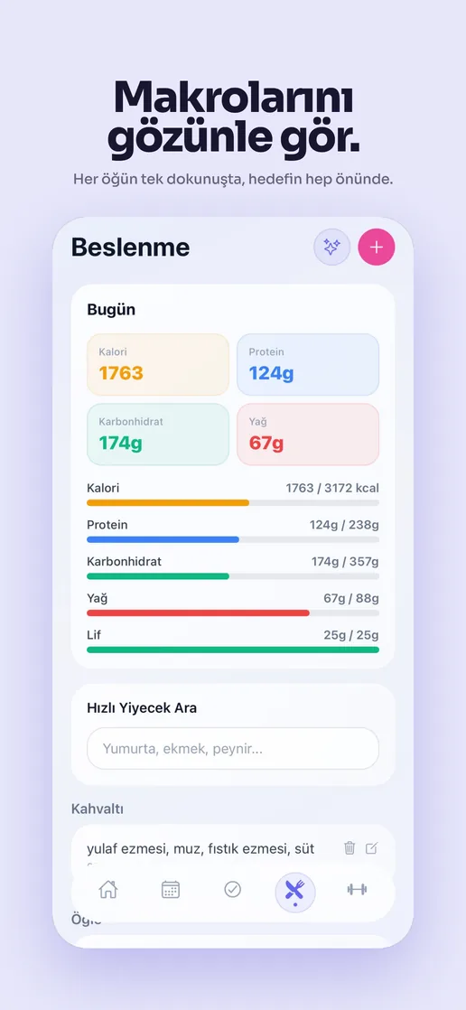 App Store screenshot: daily calories and macros against targets.