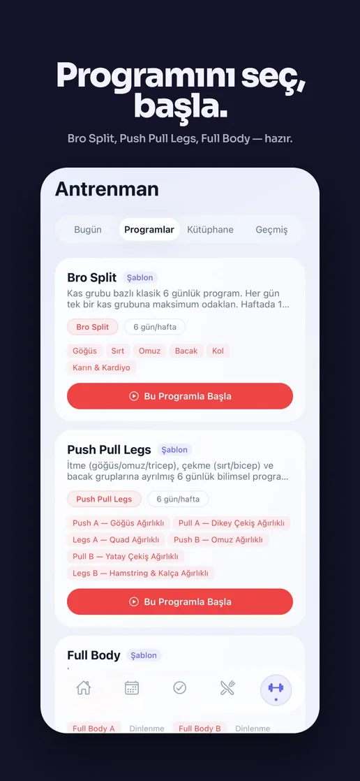 App Store screenshot: workout programs such as Bro Split and Push Pull Legs.