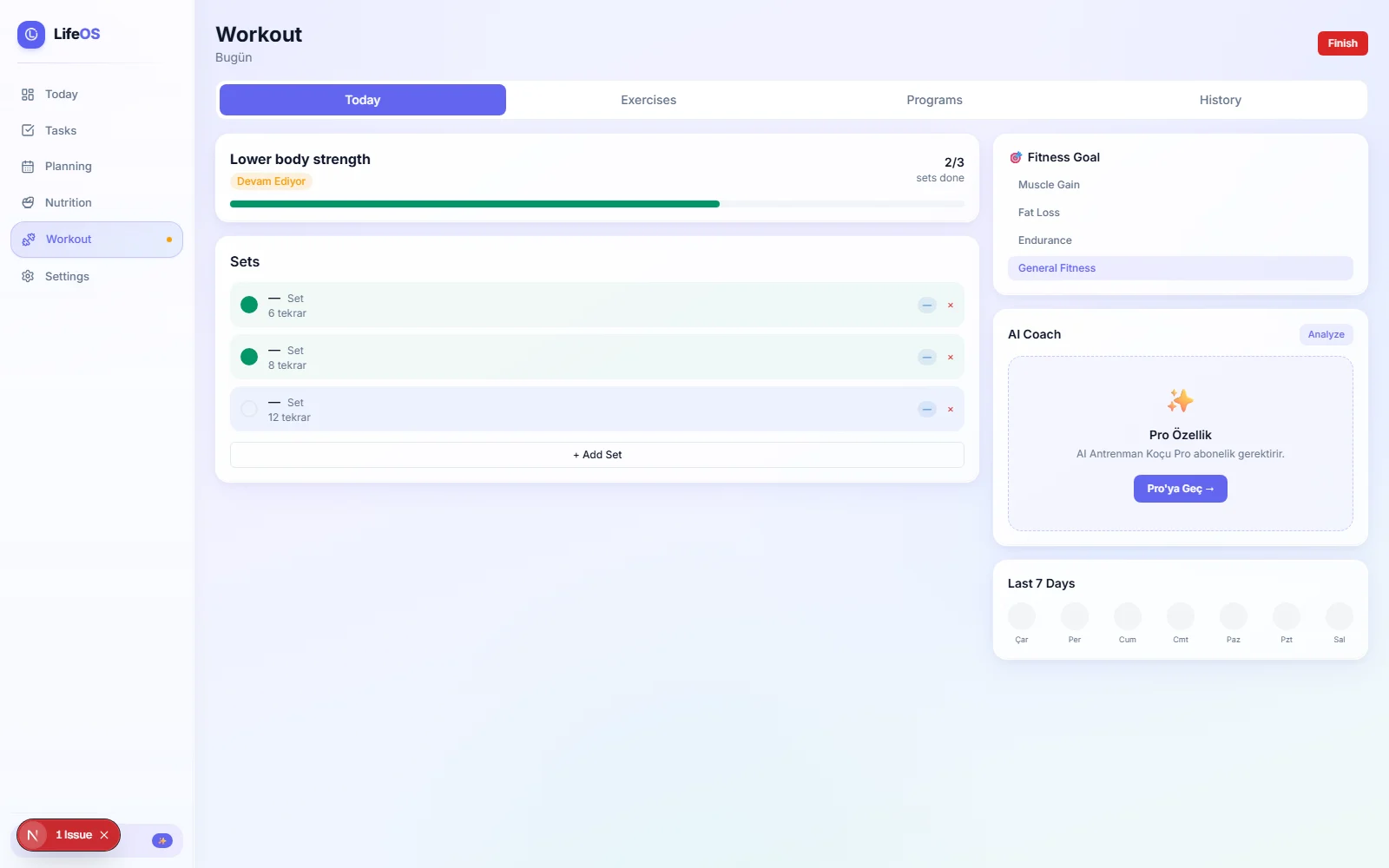 LifeOS workout screen showing sets, progress, goals, AI coach and recent activity.