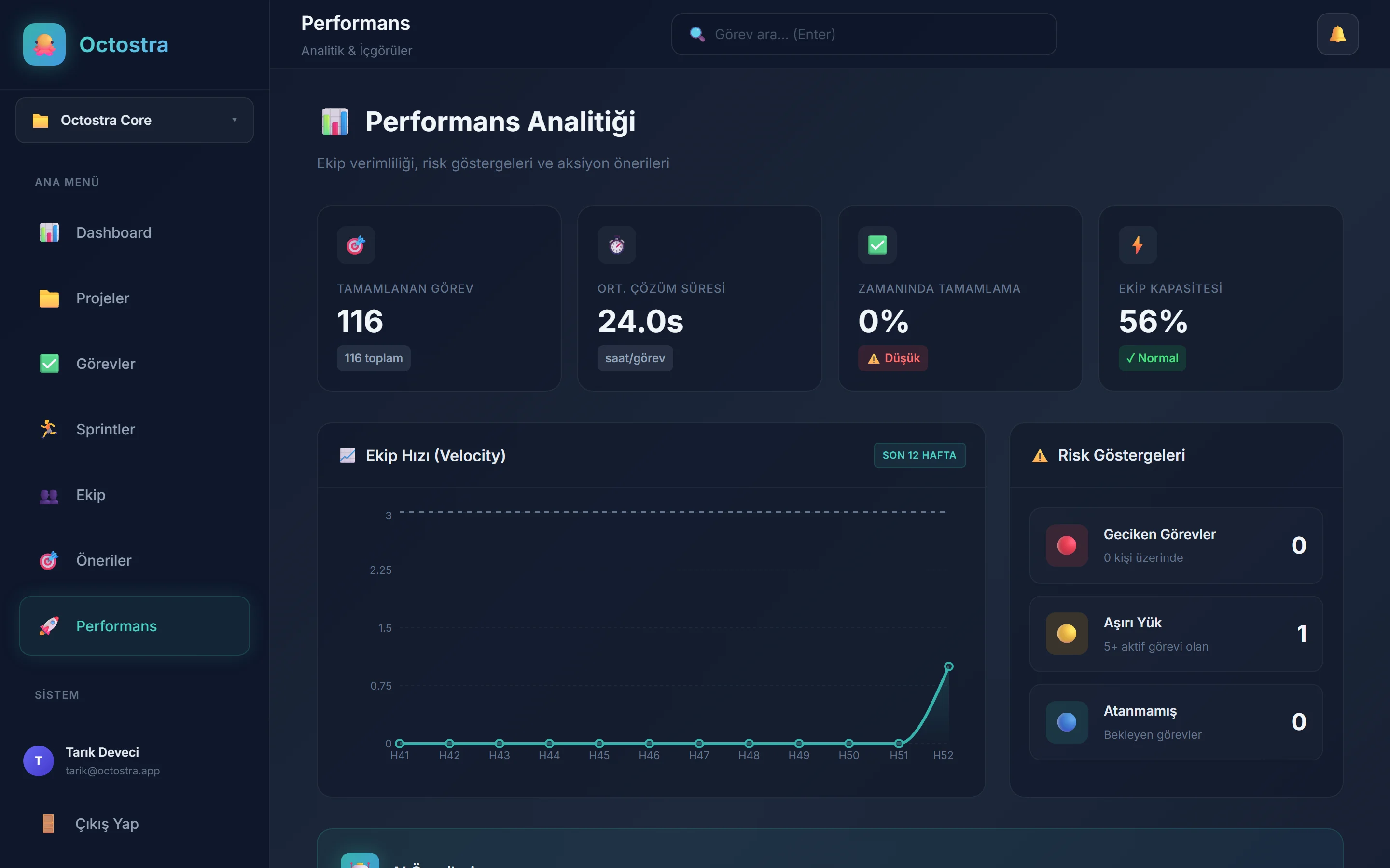 Octostra performance dashboard with velocity chart and delivery risk indicators.