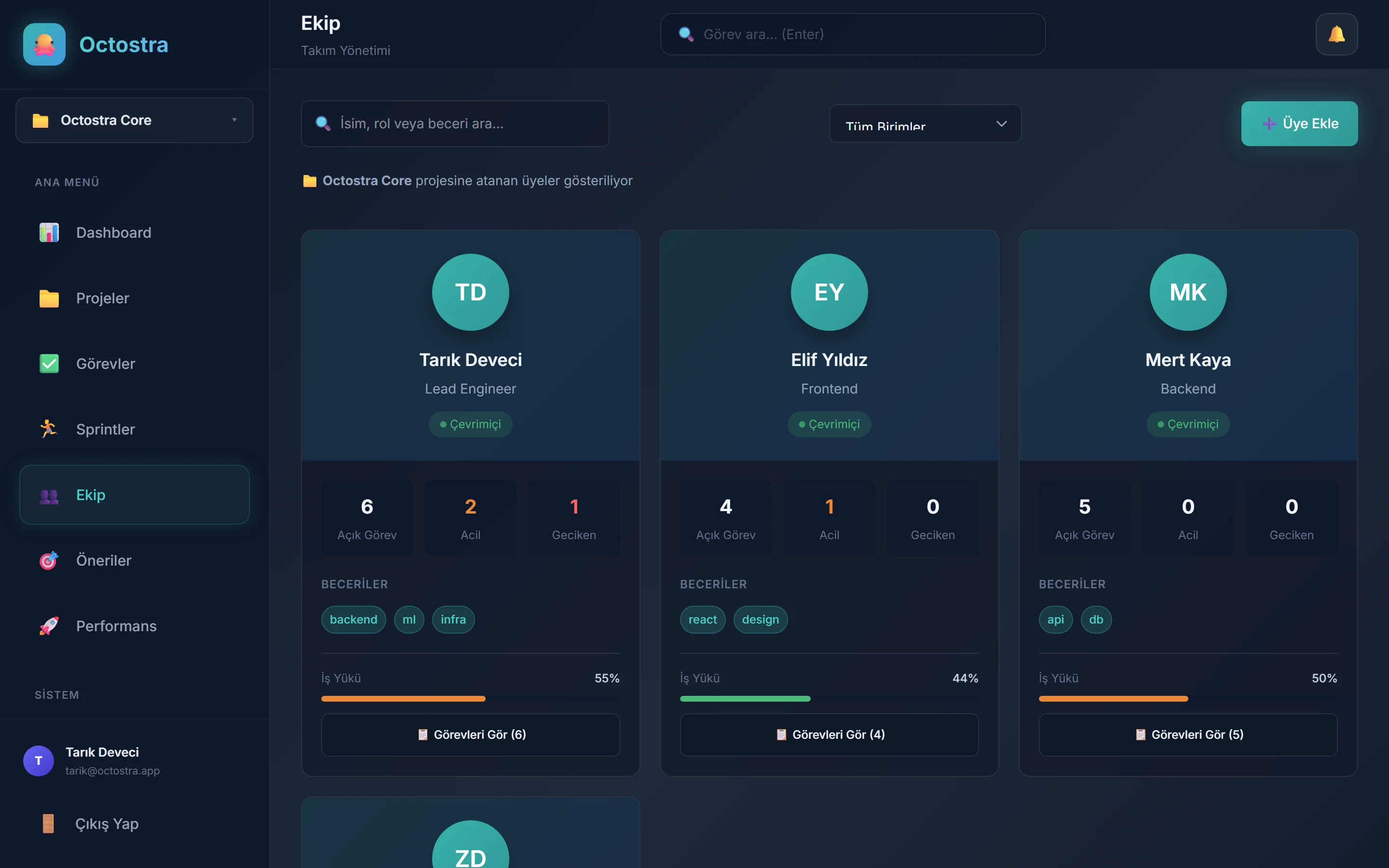 Octostra team page with member workload, skills and availability.